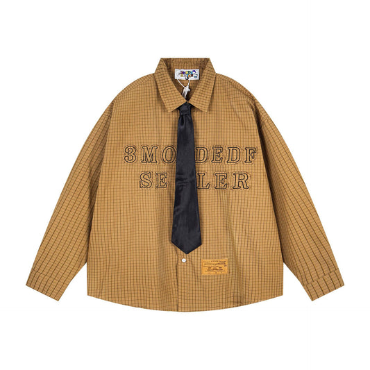 𝔼mbro 𝕊hirt𒉽2025秋冬領帶系列字母刺繡格子寬鬆襯MO-00