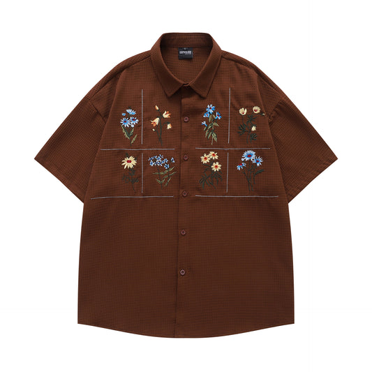 𝔼mbro 𝕊hirt𒉽日式復古花卉刺繡華夫格百搭寬鬆襯衫  Y30