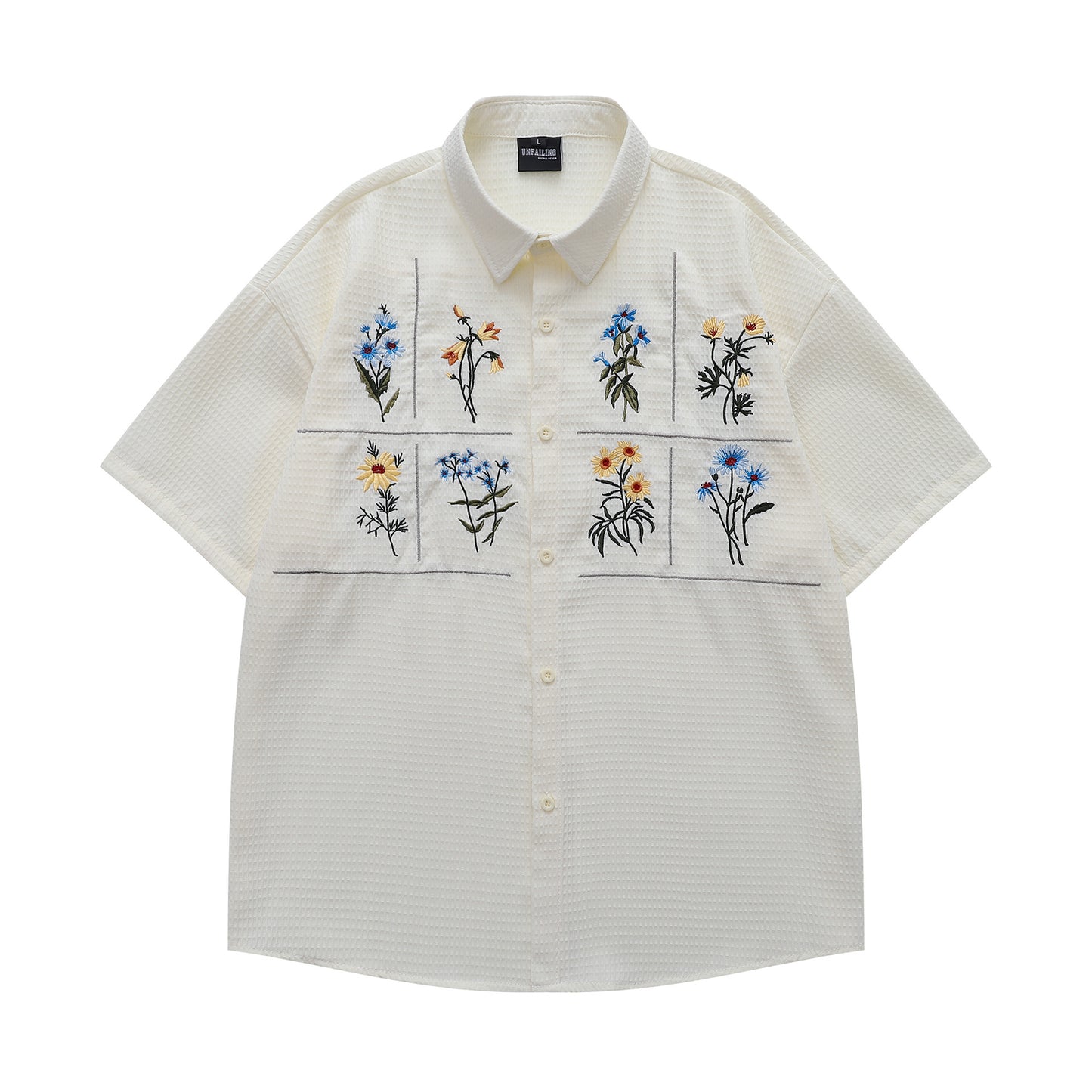 𝔼mbro 𝕊hirt𒉽日式復古花卉刺繡華夫格百搭寬鬆襯衫  Y30