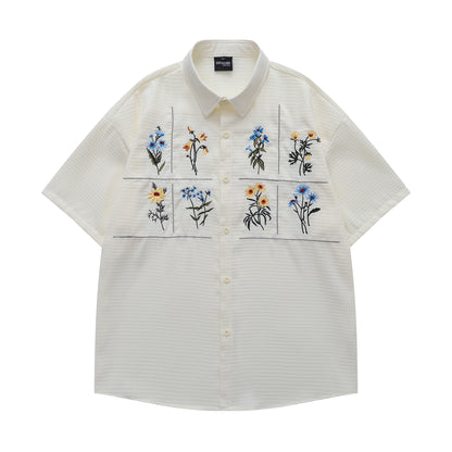 𝔼mbro 𝕊hirt𒉽日式復古花卉刺繡華夫格百搭寬鬆襯衫  Y30