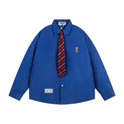 𝔼mbro 𝕊hirt𒉽2025秋冬領帶系列小熊刺繡格子寬鬆襯MO-18