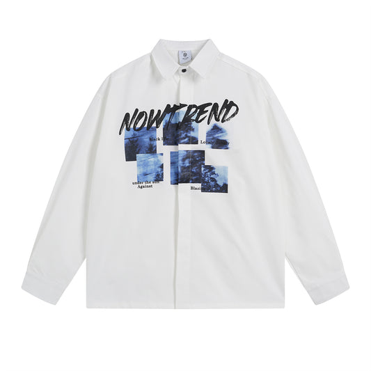 𝔼mbro 𝕊hirt𒉽秋冬長袖復古印花寬鬆襯衫N-4