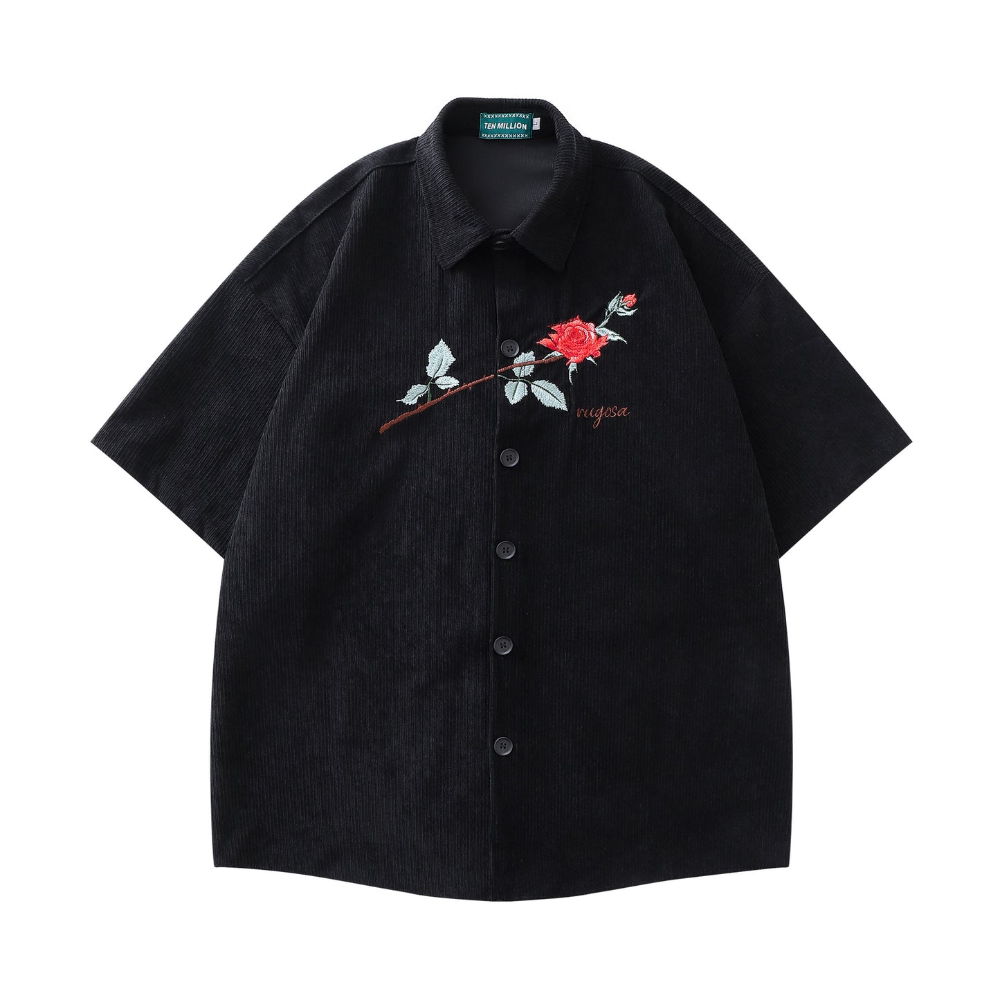 𝔼mbro 𝕊hirt𒉽美式復古刺繡玫瑰花燈芯絨短袖寬鬆襯衫P-12