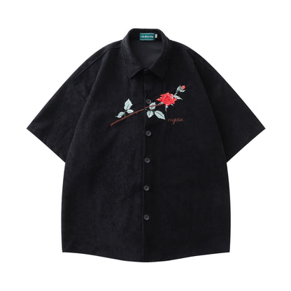 𝔼mbro 𝕊hirt𒉽美式復古刺繡玫瑰花燈芯絨短袖寬鬆襯衫P-12