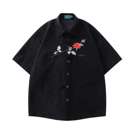 𝔼mbro 𝕊hirt𒉽美式復古刺繡玫瑰花燈芯絨短袖寬鬆襯衫P-12