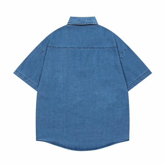 𝔼mbro 𝕊hirt𒉽美式復古趣味刺繡短袖牛仔襯衫外套 (淺藍)