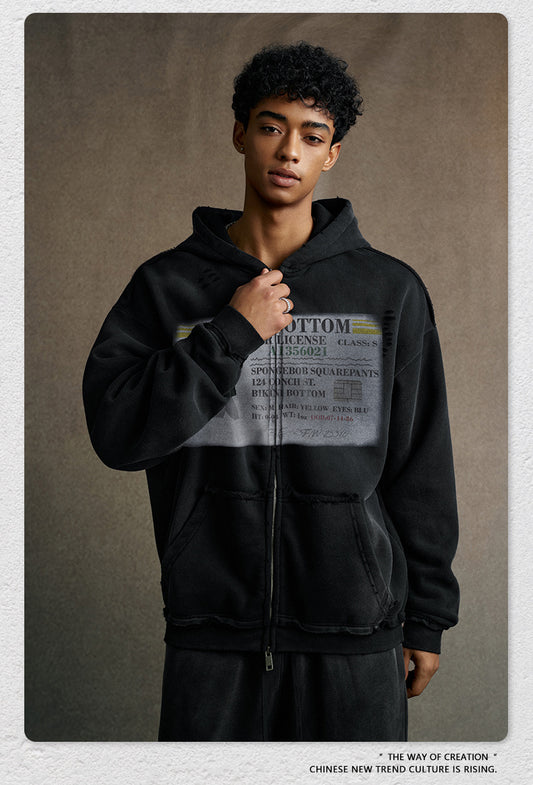 snɔoɟ uoı̣snɟ -  2025秋冬美式潮牌做舊水洗印花連帽開衫拉鏈外套  Ｅ-761