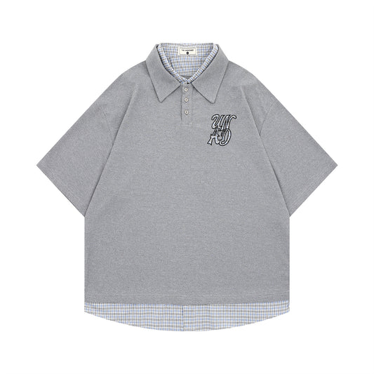 Polo Shirt𒉽美式復古拼接格子假兩件翻領POLO衫T-18