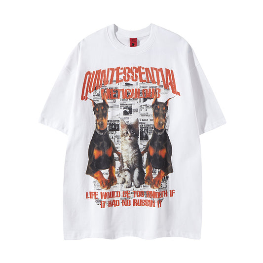 𝕃oose 𝔽it ☞𝟤𝟢𝟤𝟧 ☜美式復古貓狗印花風格男女中性 T-Shirt寬版上衣 FY58