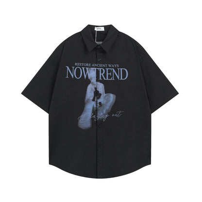 𝕃oose 𝔽it ☞𝟤𝟢𝟤𝟧 ☜美式復古NOWTREND印花百搭休閒寬鬆襯衫	 N-127