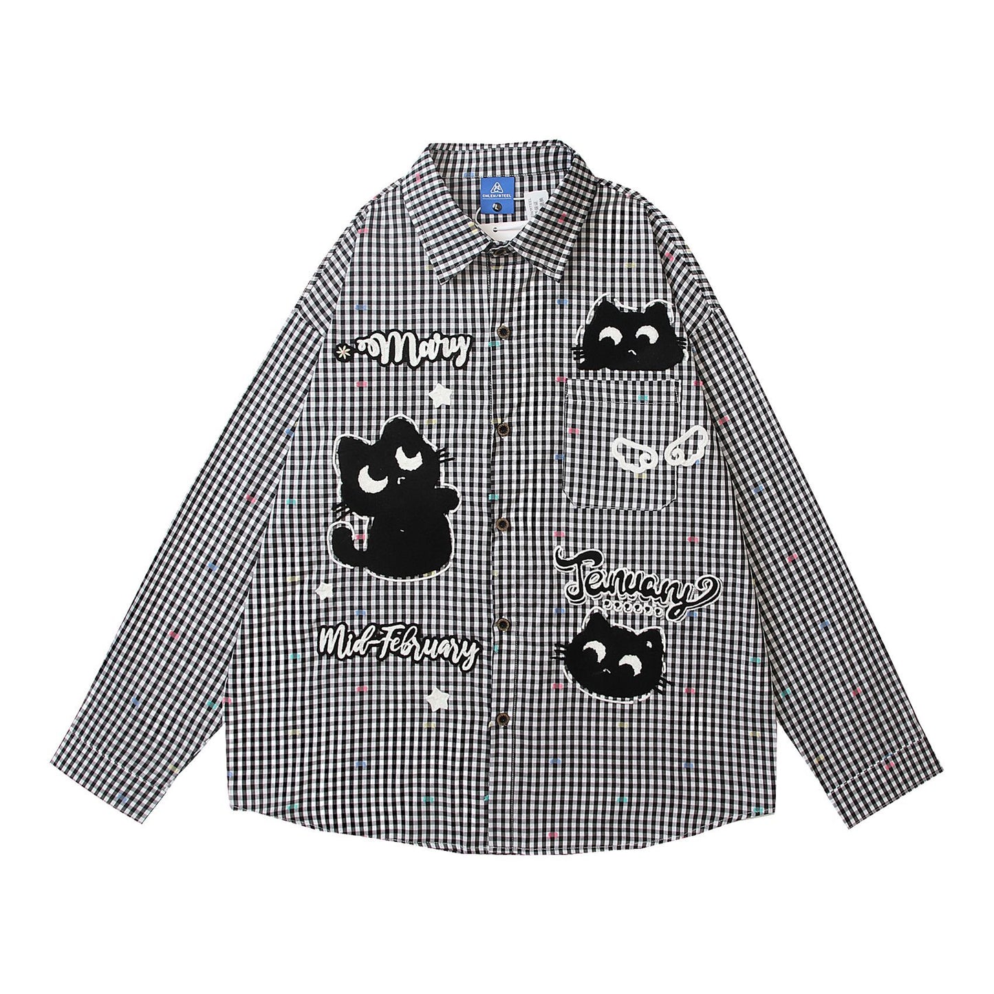 𝔼mbro 𝕊hirt𒉽2025秋冬卡通小貓刺繡寬鬆襯衫外套 C-27