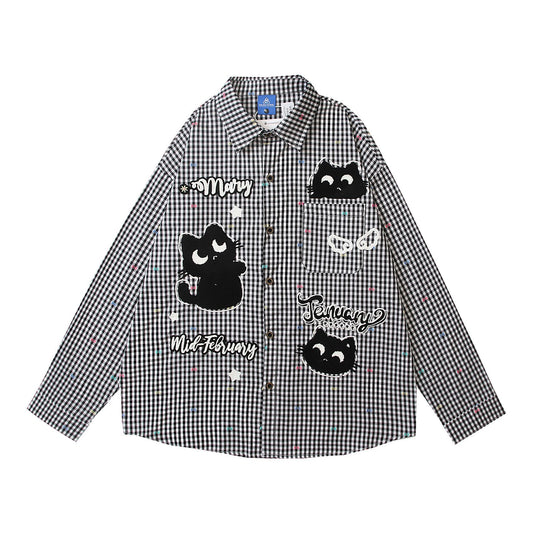 𝔼mbro 𝕊hirt𒉽2025秋冬卡通小貓刺繡寬鬆襯衫外套 C-27