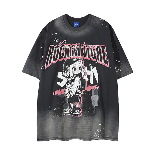 𝕃oose 𝔽it ☞𝟤𝟢𝟤𝟧 ☜美式復古渲染系列女孩印花男女中性 T-Shirt寬版上衣 RK-89