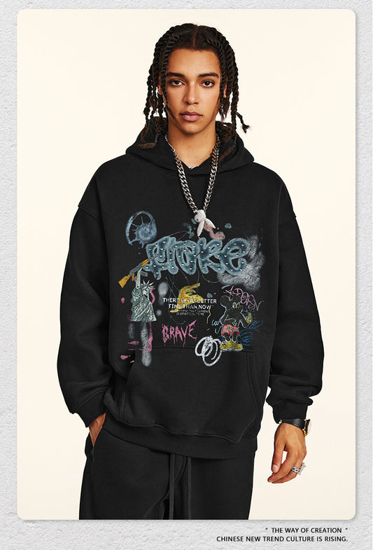 ♛𝔽𝕦𝕤𝕚𝕠𝕟 𝔽𝕠𝕔𝕦𝕤 ♛2025秋冬高磅水洗印花寬鬆落肩帽T 506