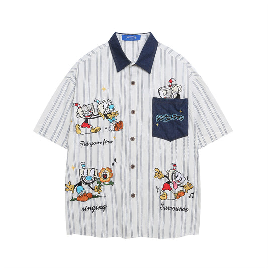 𝔼mbro 𝕊hirt𒉽美式復古卡通刺繡寬鬆條紋襯衫 IN-13