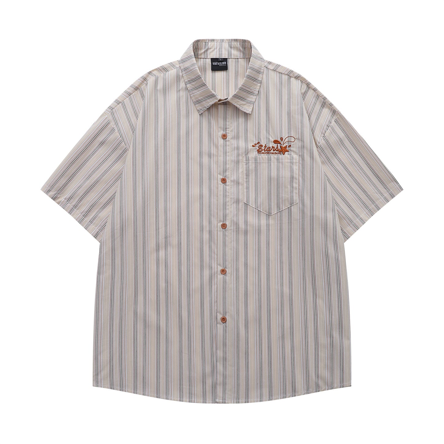 𝔼mbro 𝕊hirt𒉽日式復古字母刺繡條紋百搭休閒短袖襯衫 (杏色)