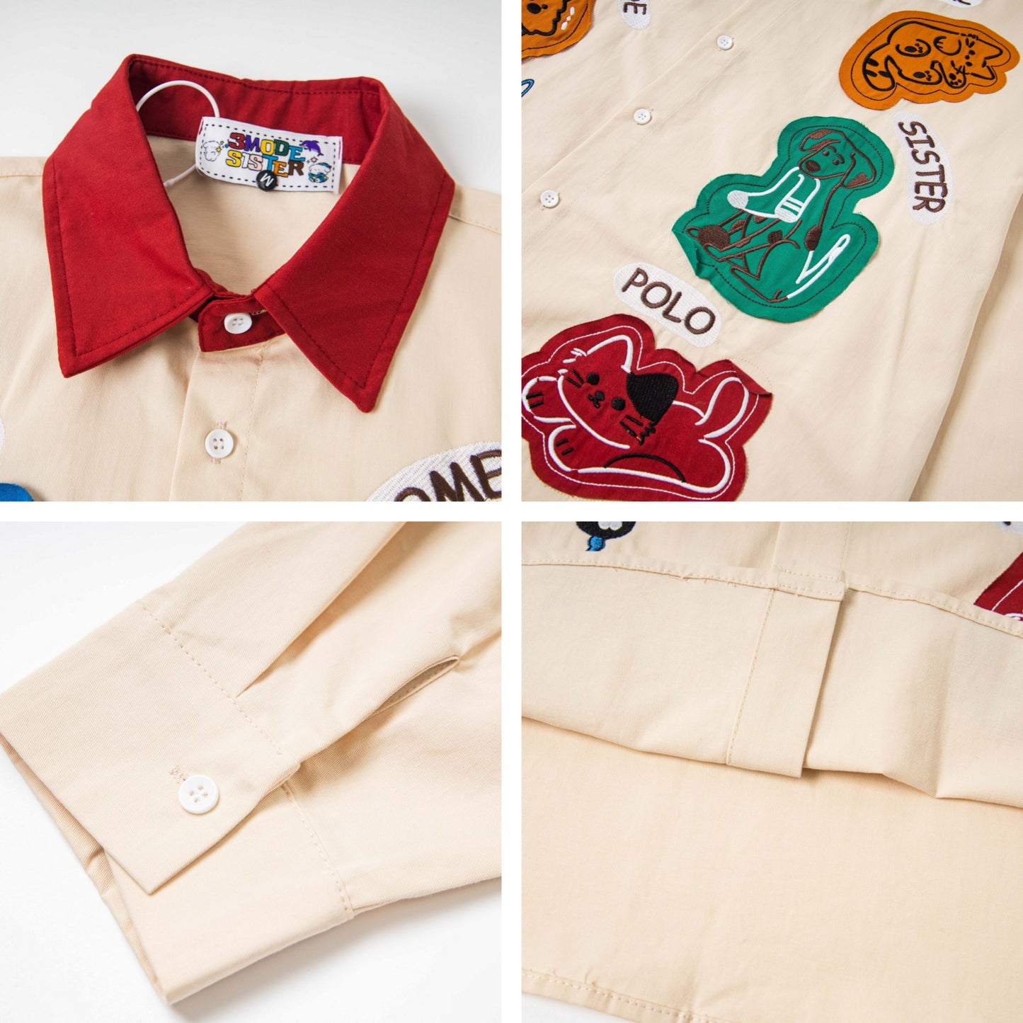 𝔼mbro 𝕊hirt𒉽2025秋冬撞色趣味貼布繡寬鬆襯衫MO-99