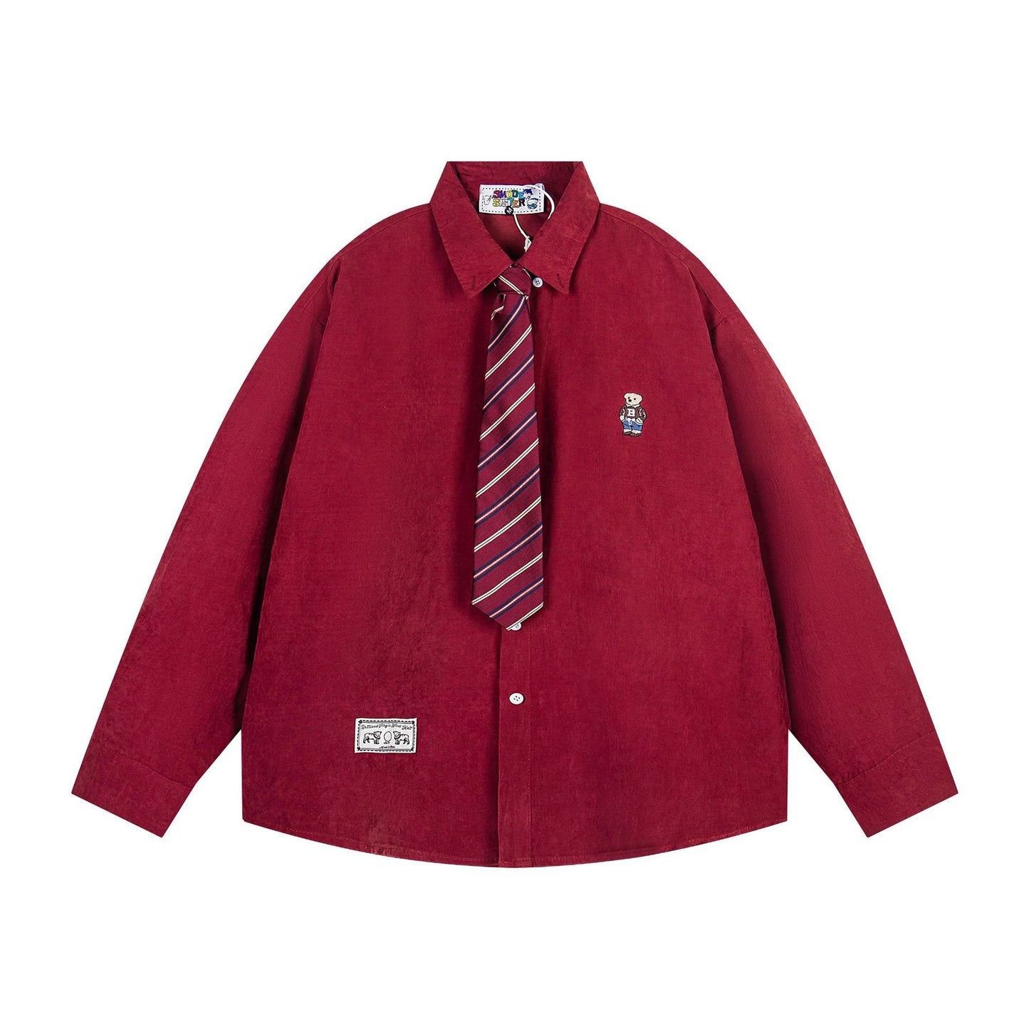 𝔼mbro 𝕊hirt𒉽2025秋冬領帶系列小熊刺繡格子寬鬆襯MO-18