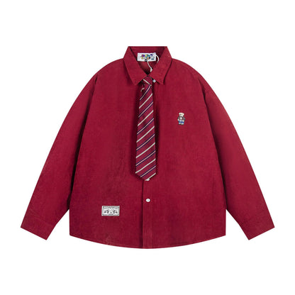 𝔼mbro 𝕊hirt𒉽2025秋冬領帶系列小熊刺繡格子寬鬆襯MO-18