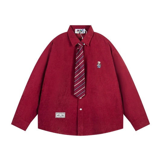 𝔼mbro 𝕊hirt𒉽2025秋冬領帶系列小熊刺繡格子寬鬆襯MO-18