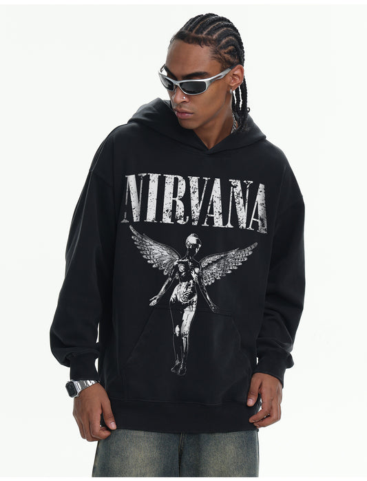 ♛𝔽𝕦𝕤𝕚𝕠𝕟 𝔽𝕠𝕔𝕦𝕤 ♛410G重磅水洗美式復古NIRVANA連帽大學T  FZ-81