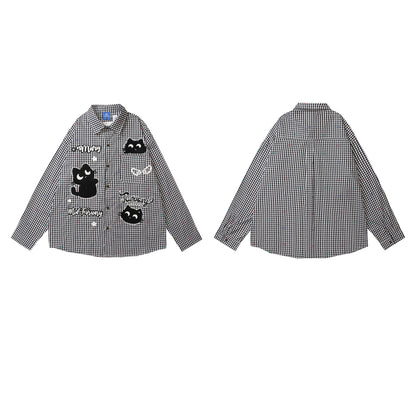 𝔼mbro 𝕊hirt𒉽2025秋冬卡通小貓刺繡寬鬆襯衫外套 C-27