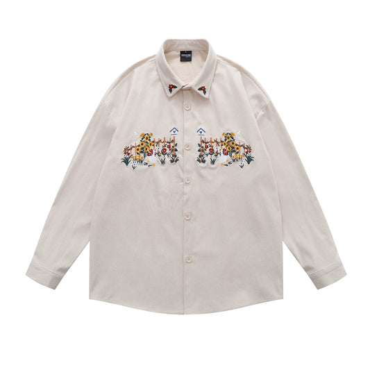 𝔼mbro 𝕊hirt𒉽日式復古刺繡設計感燈芯絨寬鬆襯衫外套(杏色)