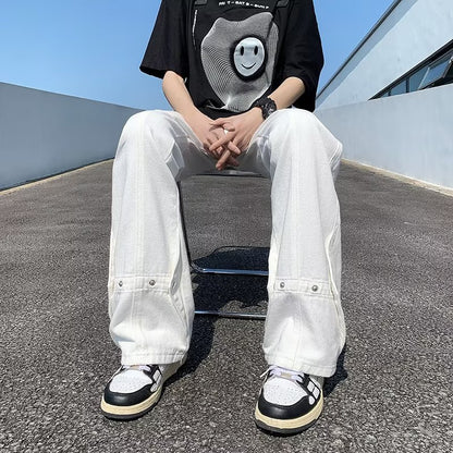 ♜  𝔽𝕦𝕤𝕚𝕠𝕟 𝔽𝕠𝕔𝕦𝕤  𖥟 𝖏𝖊𝖆𝖓𝖘  ☞牛仔褲夏季新款潮流ins氣質寬鬆直筒褲時尚纽扣設計闊腿褲 D-107