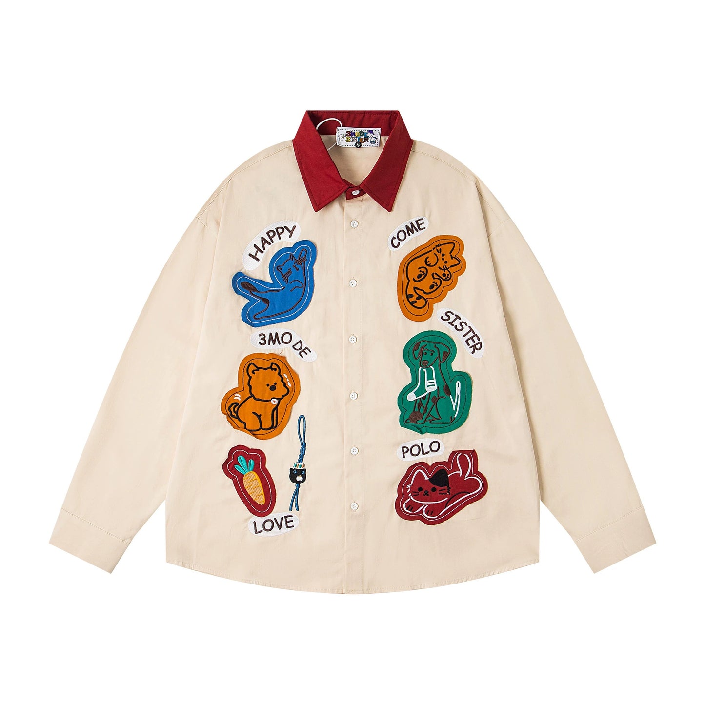 𝔼mbro 𝕊hirt𒉽2025秋冬撞色趣味貼布繡寬鬆襯衫MO-99