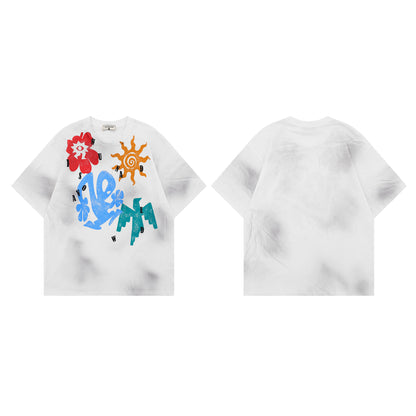 𝕃oose 𝔽it ☞𝟤𝟢𝟤𝟧 ☜美式復古抽象印花圓領寬版上衣T-46