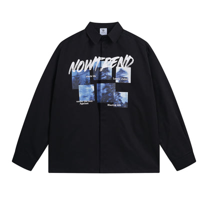 𝔼mbro 𝕊hirt𒉽秋冬長袖復古印花寬鬆襯衫N-4