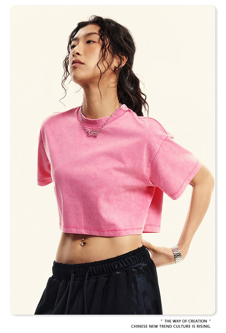Fierce & Fitted 夏季美式復古做舊辣妹短款T袖N-7 水洗玫紅