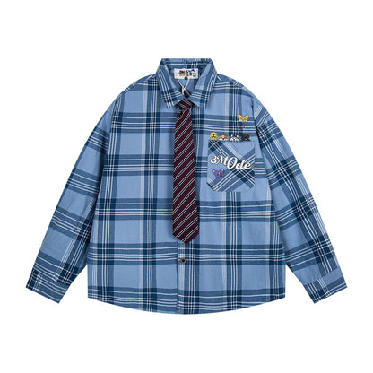 𝔼mbro 𝕊hirt𒉽2025秋冬領帶系列格子寬鬆襯衫外套MO-17