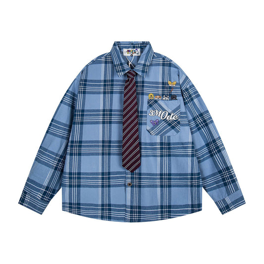 𝔼mbro 𝕊hirt𒉽2025秋冬領帶系列格子寬鬆襯衫外套MO-17