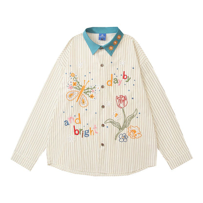 𝔼mbro 𝕊hirt𒉽2025秋冬復古撞色花朵刺繡襯衫C-16