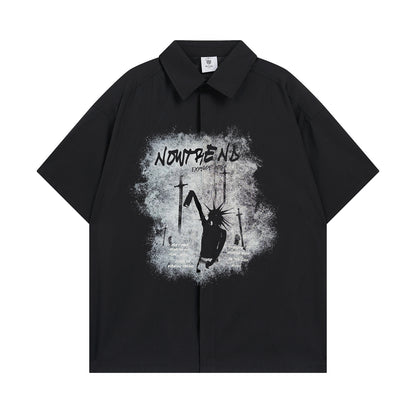 𝕃oose 𝔽it ☞𝟤𝟢𝟤𝟧 ☜美式復古圖案印花百搭寬鬆襯衫 ɴᴛ𝟢𝟪 (黑色)