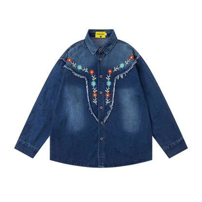 𝔼mbro 𝕊hirt𒉽2025秋冬水洗小花刺繡牛仔寬鬆襯衫U-79