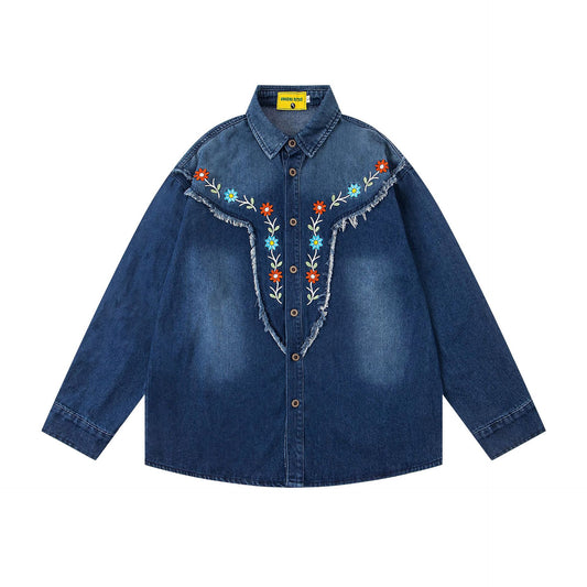 𝔼mbro 𝕊hirt𒉽2025秋冬水洗小花刺繡牛仔寬鬆襯衫U-79