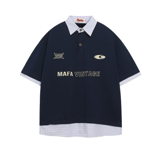 Polo Shirt𒉽美式復古印花字母假兩件翻領POLO衫IN-09