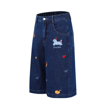 𖥟𝕽𝖊𝖑𝖆𝖝𝖊𝖉 𝖋𝖎𝖙  ☞美式復古小狗刺繡牛仔七分褲C-2