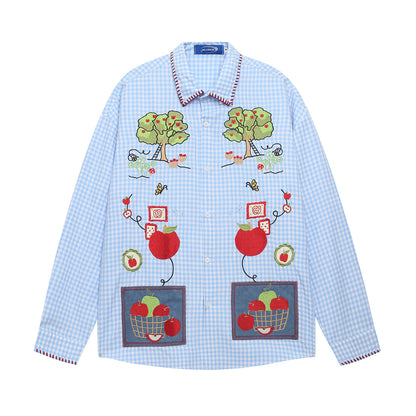 𝔼mbro 𝕊hirt𒉽2025秋冬趣味圖案刺繡寬鬆襯衫C-89