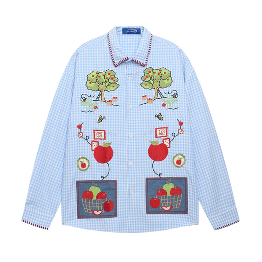 𝔼mbro 𝕊hirt𒉽2025秋冬趣味圖案刺繡寬鬆襯衫C-89