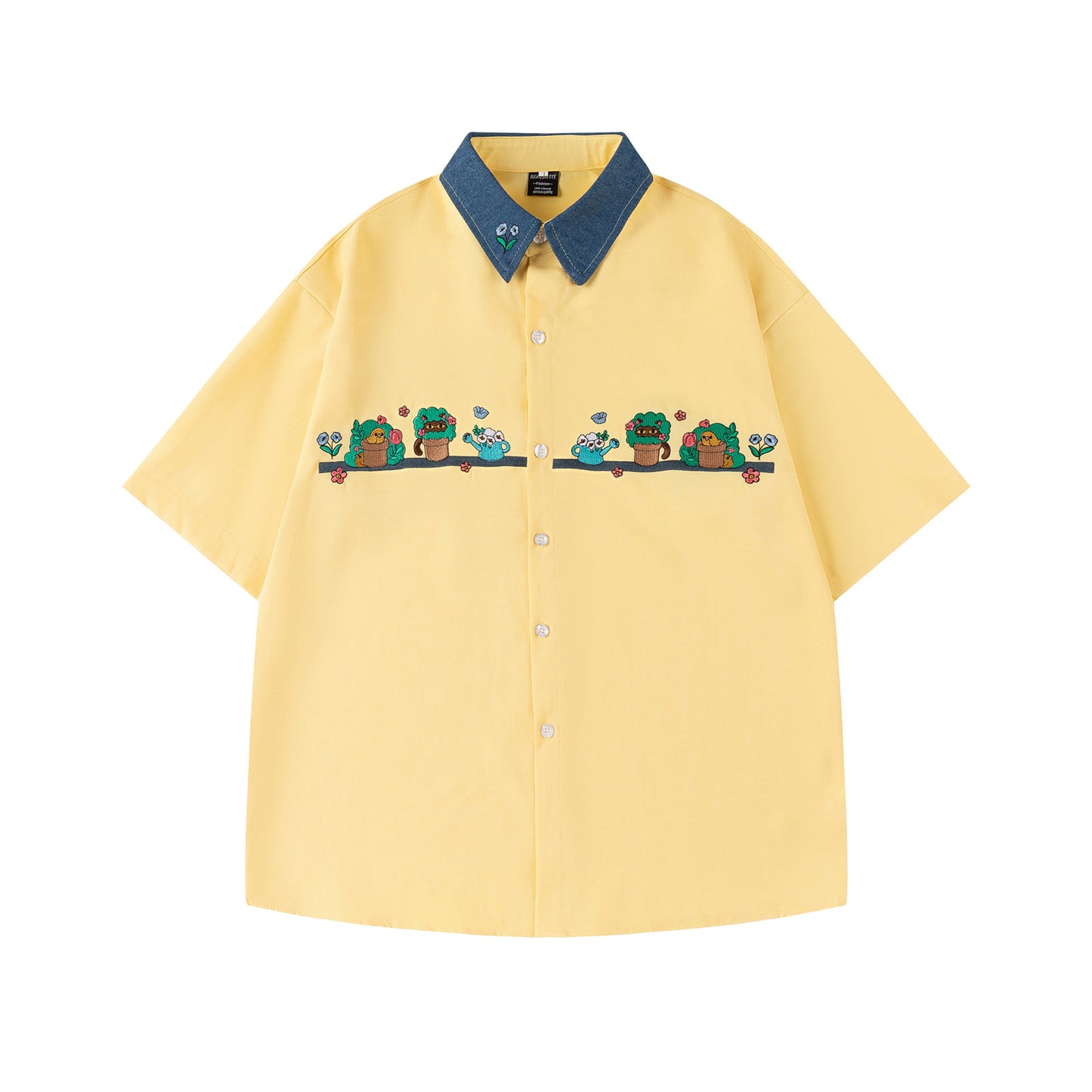 𝔼mbro 𝕊hirt𒉽日式復古花卉圖案刺繡寬鬆百搭短袖襯衫 (黃色)
