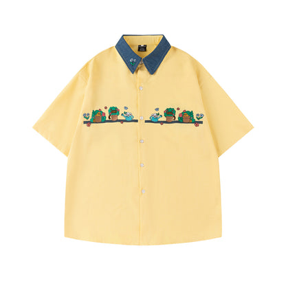 𝔼mbro 𝕊hirt𒉽日式復古花卉圖案刺繡寬鬆百搭短袖襯衫 (黃色)