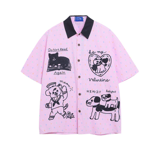 𝕃oose 𝔽it ☞𝟤𝟢𝟤𝟧 ☜美式復古可愛動物圖短袖寬鬆襯衫 IN-652