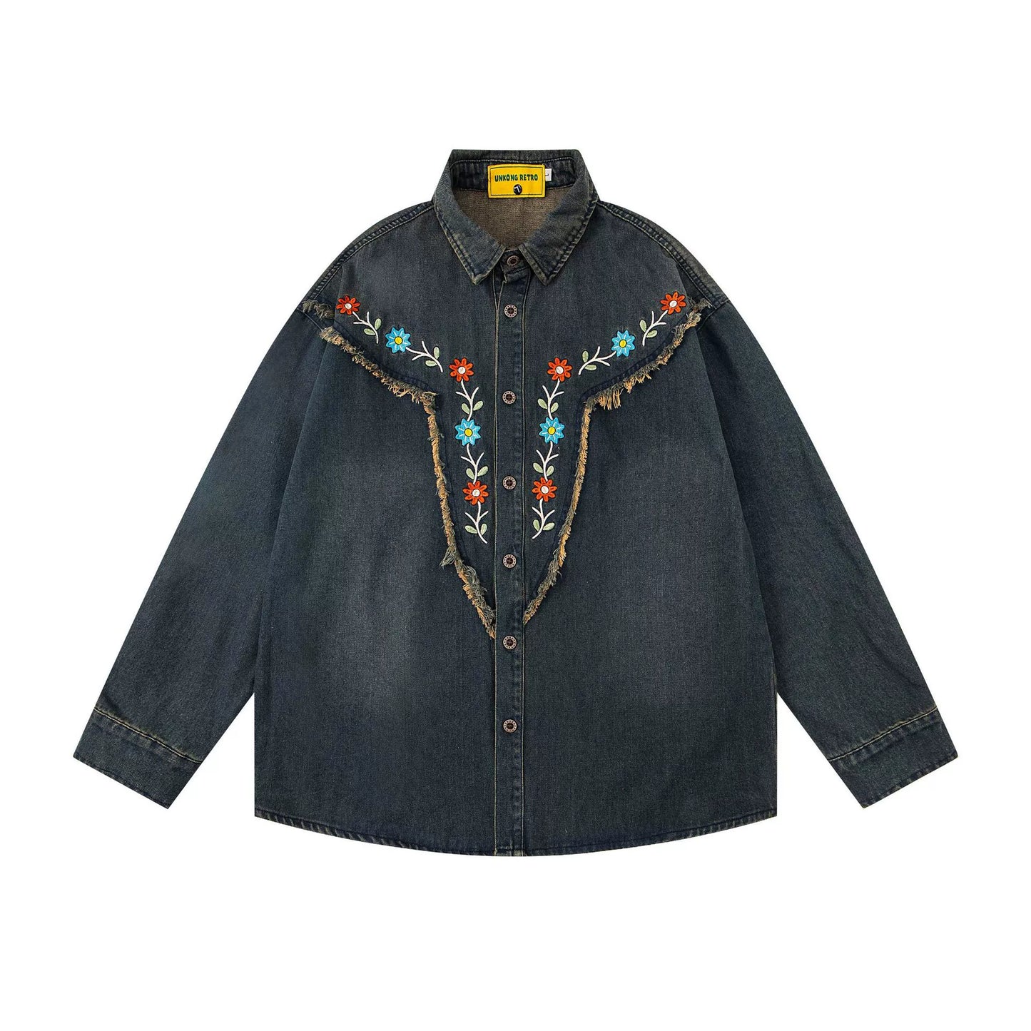 𝔼mbro 𝕊hirt𒉽2025秋冬水洗小花刺繡牛仔寬鬆襯衫U-79