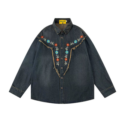 𝔼mbro 𝕊hirt𒉽2025秋冬水洗小花刺繡牛仔寬鬆襯衫U-79
