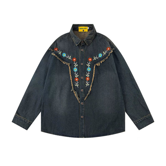 𝔼mbro 𝕊hirt𒉽2025秋冬水洗小花刺繡牛仔寬鬆襯衫U-79