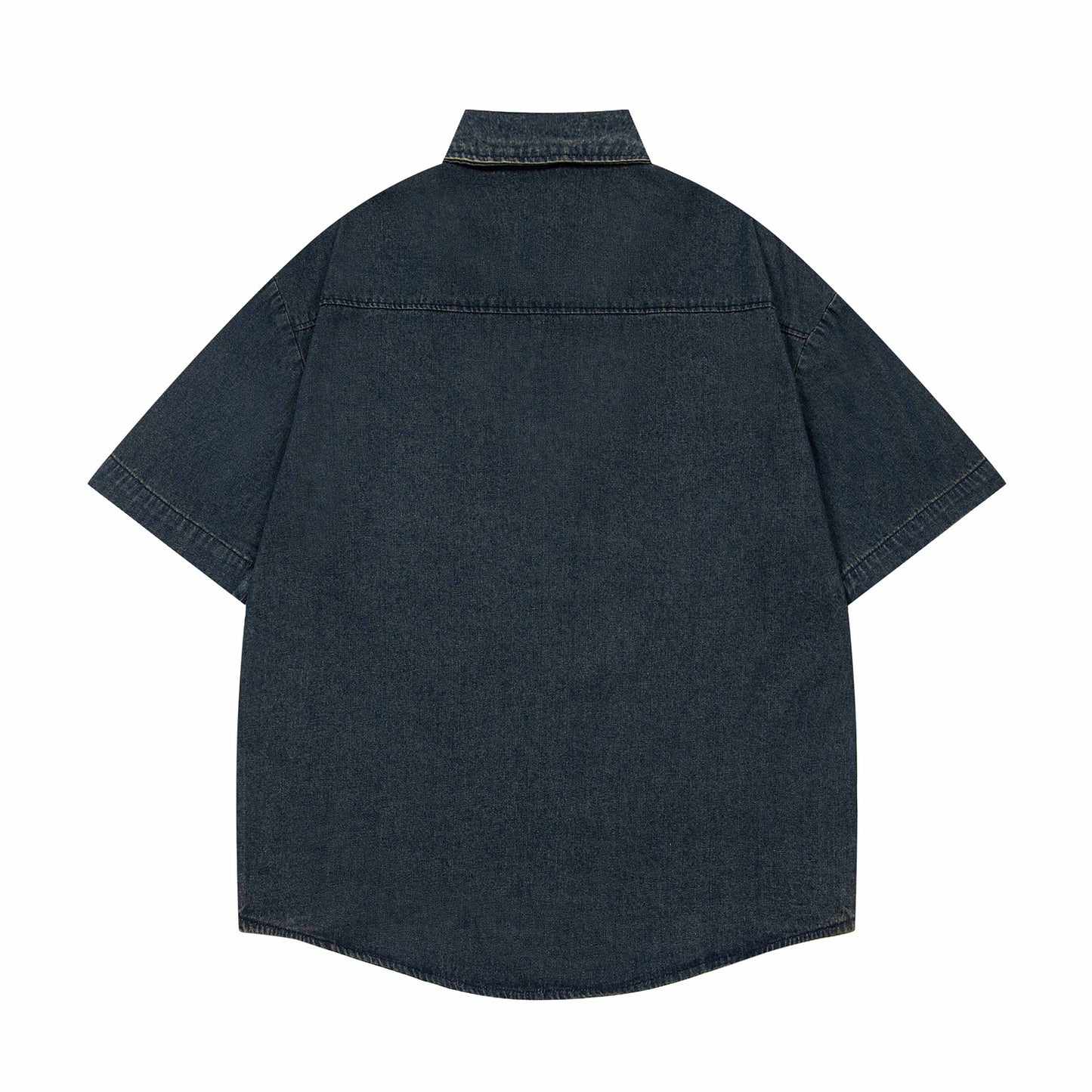 𝔼mbro 𝕊hirt𒉽美式復古趣味刺繡短袖牛仔襯衫外套 (深藍)