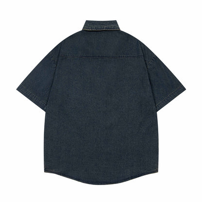 𝔼mbro 𝕊hirt𒉽美式復古趣味刺繡短袖牛仔襯衫外套 (深藍)